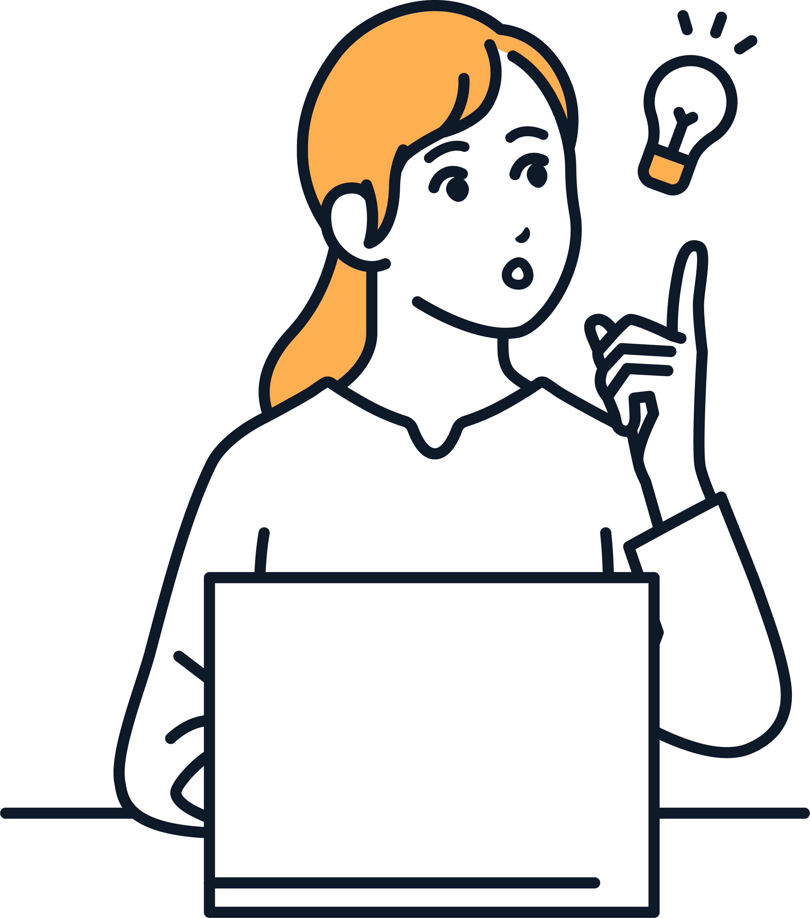 右向きの女性のベクターイラスト 机にノートパソコンを置き、ひらめいたポーズを取っている